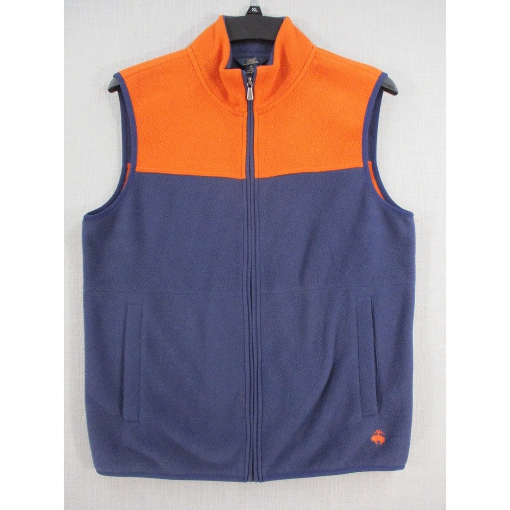 Brooks Brothers 346 Mens Fleece Vest Orange Navy Blue Colorblock Full Zip Medium